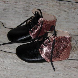 Monkey Feet Black Pink Glitter Leather Shoes 18-24 Months